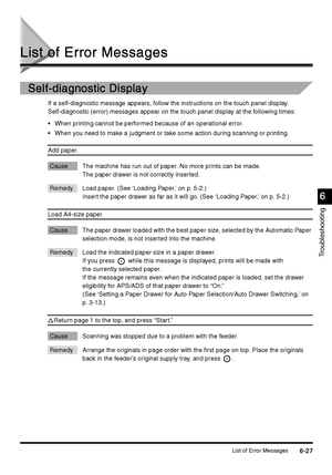 Page 239List of Error Messages6-27
6-276-27 6-27
Troubleshooting
6
66 6
List of Error Messages
List of Error MessagesList of Error Messages List of Error Messages
Self-diagnostic Display
Self-diagnostic DisplaySelf-diagnostic Display Self-diagnostic Display
If a self-diagnostic message appears, follow the instructions on the touch panel display.
Self-diagnostic (error) messages appear on the touch panel display at the following times:
When printing cannot be performed because of an operational error.
When you...