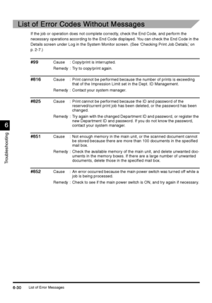 Page 242List of Error Messages6-30
6-306-30 6-30
6
66 6
Troubleshooting
List of Error Codes Without Messages
List of Error Codes Without MessagesList of Error Codes Without Messages List of Error Codes Without Messages
If the job or operation does not complete correctly, check the End Code, and perform the 
necessary operations according to the End Code displayed. You can check the End Code in the 
Details screen under Log in the System Monitor screen. (See ‘Checking Print Job Details,’ on 
p. 2-7.)
#99
#99#99...