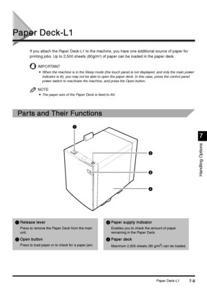 Page 257Paper Deck-L17-9
7-97-9 7-9
Handling Options
7
77 7
Paper Deck-L1
Paper Deck-L1Paper Deck-L1 Paper Deck-L1
If you attach the Paper Deck-L1 to the machine, you have one additional source of paper for 
printing jobs. Up to 2,500 sheets (80g/m2) of paper can be loaded in the paper deck.
IMPORTANT

 When the machine is in the Sleep mode (the touch panel is not displayed, and only the main power 
indicator is lit), you may not be able to open the paper deck. In this case, press the control panel 
power...