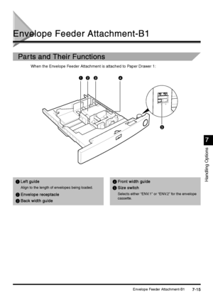 Page 263Envelope Feeder Attachment-B17-15
7-157-15 7-15
Handling Options
7
77 7
Envelope Feeder Attachment-B1
Envelope Feeder Attachment-B1Envelope Feeder Attachment-B1 Envelope Feeder Attachment-B1
Par ts and Their Functions
Par ts and Their FunctionsPar ts and Their Functions Par ts and Their Functions
When the Envelope Feeder Attachment is attached to Paper Drawer 1:
C AB
E D
A
AA ALeft guide
Left guideLeft guide Left guide
Align to the length of envelopes being loaded.
B
BB BEnvelope receptacle
Envelope...