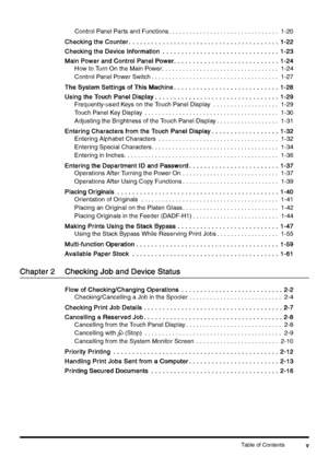 Page 7Table of Contentsv
vv v Control Panel Parts and Functions . . . . . . . . . . . . . . . . . . . . . . . . . . . . . . . .  1-20
Checking the Counter
Checking the CounterChecking the Counter Checking the Counter . . . . . . . . . . . . . . . . . . . . . . . . . . . . . . . . . . . . . . . . 
. . . . . . . . . . . . . . . . . . . . . . . . . . . . . . . . . . . . . . . . . . . . . . . . . . . . . . . . . . . . . . . . . . . . . . . . . . . . . . . .  . . . . . . . . . . . . . . . . . . . . . . . . . . . ....