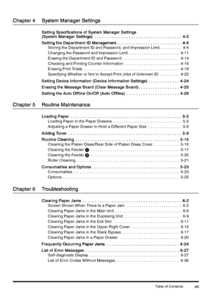 Page 9Table of Contentsvii
viivii vii
Chapter 4
Chapter 4Chapter 4 Chapter 4 System Manager Settings
System Manager SettingsSystem Manager Settings System Manager Settings
Setting Specifications of System Manager Settings 
Setting Specifications of System Manager Settings Setting Specifications of System Manager Settings  Setting Specifications of System Manager Settings 
(System Manager Settings)
(System Manager Settings)(System Manager Settings) (System Manager Settings)  . . . . . . . . . . . . . . . . . ....