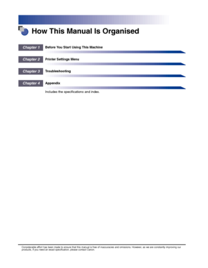 Page 4  
Chapter 1Before You Start Using This Machine
  
Chapter 2Printer Settings Menu
  
Chapter 3Troubleshooting
  
Chapter 4Appendix
Includes the specifications and index.
How This Manual Is Organised
Considerable effort has been made to ensure that this manual is free of inaccuracies and omissions. However, as we are constantly improving our products, if you need an exact specification, please contact Canon.
 