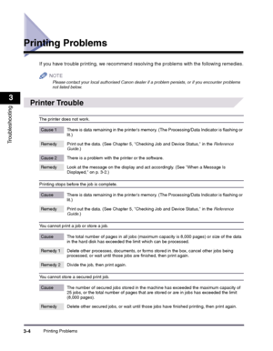 Page 54Printing Problems3-4
3
Troubleshooting
Printing Problems
If you have trouble printing, we recommend resolving the problems with the following remedies.
NOTE
 
Please contact your local authorised Canon dealer if a problem persists, or if you encounter problems not listed below.
 
Printer Trouble
The printer does not work. 
Cause 1 There is data remaining in the printers memory. (The Processing/Data Indicator is flashing or lit.) 
Remedy Print out the data. (See Chapter 5, Checking Job and Device Status,...