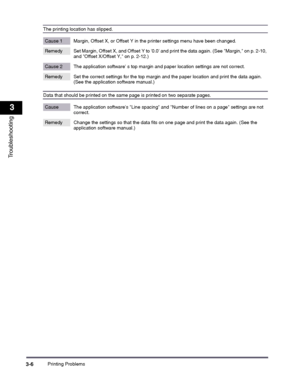Page 56Printing Problems3-6
3
Troubleshooting
The printing location has slipped. 
Cause 1 Margin, Offset X, or Offset Y in the printer settings menu have been changed. 
Remedy Set Margin, Offset X, and Offset Y to 0.0 and print the data again. (See Margin, on p. 2-10, and Offset X/Offset Y, on p. 2-12.) 
Cause 2 The application software s top margin and paper location settings are not correct. 
Remedy Set the correct settings for the top margin and the paper location and print the data again. (See the...
