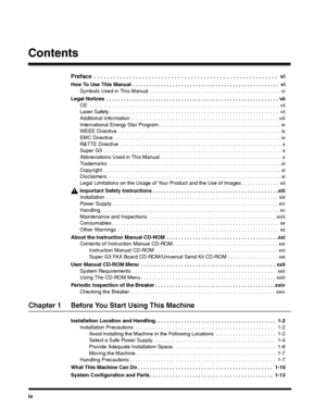 Page 4iv
Contents
Preface  . . . . . . . . . . . . . . . . . . . . . . . . . . . . . . . . . . . . . . . . . . . . . . . . . . . . . . . . .   vi
How To Use This Manual . . . . . . . . . . . . . . . . . . . . . . . . . . . . . . . . . . . . . . . . . . . . . . . . . . .  vi
Symbols Used in This Manual . . . . . . . . . . . . . . . . . . . . . . . . . . . . . . . . . . . . . . . . . . . . . . vi
Legal Notices  . . . . . . . . . . . . . . . . . . . . . . . . . . . . . . . . . . . . . . . . . . . . . . . . . . ....