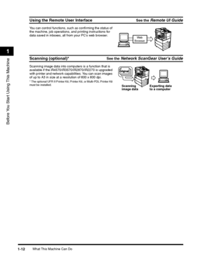 Page 38What This Machine Can Do1-12
Before You Start Using This Machine
1
Using the Remote User InterfaceSee the Remote UI Guide
You can control functions, such as confirming the status of the machine, job operations, and printing instructions for data saved in inboxes, all from your PCs web browser.
Scanning (optional)*See the Network ScanGear Users Guide
Scanning image data into computers is a function that is available if the iR4570/iR3570/iR2870/iR2270 is upgraded with printer and network capabilities. You...