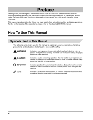 Page 6vi
Preface
Thank you for purchasing the Canon iR4570/iR3570/iR2870/iR2270. Please read this manual 
thoroughly before operating the machine in order to familiarize yourself with its capabilities, and to 
make the most of its many functions. After reading this manual, store it in a safe place for future 
reference. 
This paper manual contains the things you must read before using this machine and basic operations. 
For the further details of the operations, please refer to the attached CD-ROM manual.
How...