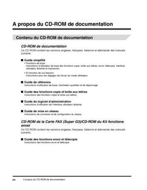 Page 108A propos du CD-ROM de documentationxx
A propos du CD-ROM de documentation
 