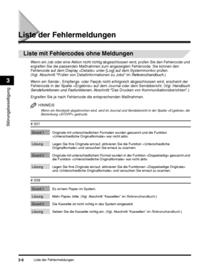 Page 246Liste der Fehlermeldungen3-6
Störungsbeseitigung
3
Liste der Fehlermeldungen
Ergreifen Sie je nach Fehlercode die entsprechenden Maßnahmen.
HINWEIS
Wenn ein Sendejob abgebrochen wird, wird im Journal und Sendebericht in der Spalte  die 
Bemerkung  gedruckt.
# 001
Grund 1 Originale mit unterschiedlichen Formaten wurden gescannt und die Funktion 
 war nicht aktiv.
Lösung Legen Sie Ihre Originale ein/auf, aktivi eren Sie die Funktion  und versuchen Sie erneut zu scannen.
Grund  2 Originale mit...