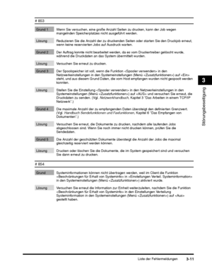 Page 251Liste der Fehlermeldungen3-11
Störungsbeseitigung
3
# 853
Grund 1 Wenn Sie versuchen, eine große Anzahl Seiten zu drucken, kann der Job wegen mangelnden Speicherplatzes nicht ausgeführt werden.
Lösung Reduzieren Sie die Anzahl der zu druckenden Seiten oder starten Sie den Druckjob erneut, wenn keine reservierten Jobs auf Ausdruck warten.
Grund 2 Der Auftrag konnte nicht bearbeitet werden, da es vom Druckertreiber gelöscht wurde, während die Druckdaten an das  System übermittelt wurden.
Lösung Versuchen...