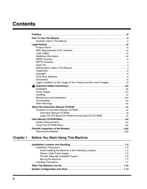 Page 6iv
Contents
Preface  . . . . . . . . . . . . . . . . . . . . . . . . . . . . . . . . . . . . . . . . . . . . . . . . . . . . . . . . .   vi
How To Use This Manual . . . . . . . . . . . . . . . . . . . . . . . . . . . . . . . . . . . . . . . . . . . . . . . . . . .   vi
Symbols Used in This Manual . . . . . . . . . . . . . . . . . . . . . . . . . . . . . . . . . . . . . . . . . . . . . . vi
Legal Notices  . . . . . . . . . . . . . . . . . . . . . . . . . . . . . . . . . . . . . . . . . . . . . . . . . . ....