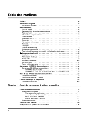 Page 92iv
Table des matières
Préface  . . . . . . . . . . . . . . . . . . . . . . . . . . . . . . . . . . . . . . . . . . . . . . . . . . . . . . . . . . vi
Présentation du guide  . . . . . . . . . . . . . . . . . . . . . . . . . . . . . . . . . . . . . . . . . . . . . . . . . . . . . .vi
Conventions adoptées . . . . . . . . . . . . . . . . . . . . . . . . . . . . . . . . . . . . . . . . . . . . . . . . . . . . vi
Mentions légales. . . . . . . . . . . . . . . . . . . . . . . . . . . . . . . . . . . . . . . . ....