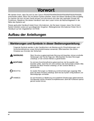 Page 180vi
Vo r w o r t
Dieses gedruckte Handbuch bietet Ihnen Informationen, die Sie lesen müssen, bevor Sie mit dem 
System arbeiten sowie zum grundlegenden Vorgehen. Weitergehende Informationen finden Sie im 
Handbuch auf der mitgelieferten CD-ROM.
Aufbau der Anleitungen
Folgende Symbole werden in den Handbüchern als Markierung für Einschränkungen und 
Vorsichtsmaßnahmen sowie Sicherheitshinweise verwendet. Bitte beachten Sie solche 
Hinweise aus Gründen der Sicherheit.
WARNUNGWenn Sie eine so gekennzeichnete...