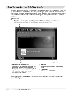 Page 196Anwenderhandbuch CD-ROM Menüxxii
In diesem Abschnitt finden Sie Informationen zur Verwendung des CD-ROM Menüs. Wenn Sie 
die mitgelieferte CD-ROM mit den Bedienungsanleitungen in das CD-ROM Laufwerk setzen, 
erscheint das Menü zur Auswahl der Sprache. Durch Anklicken einer Sprache in diesem Menü 
rufen Sie folgendes Menü auf: (Die Musterabbildung des Displays bezieht sich auf Windows 
Anwender.)
HINWEIS
Macintosh-Anwender gehen bitte mit Doppelklick auf das Icon [START] und starten so das 
CD-ROM Menü....