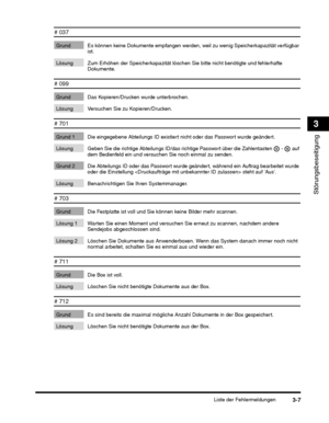 Page 247Liste der Fehlermeldungen3-7
Störungsbeseitigung
3
# 037
Grund Es können keine Dokumente empfangen werden, weil zu wenig Speicherkapazität verfügbar 
ist.
Lösung Zum Erhöhen der Speicherkapazität löschen Sie bitte nicht benötigte und fehlerhafte  Dokumente. 
# 099
Grund Das Kopieren/Drucken wurde unterbrochen.
Lösung Versuchen Sie zu Kopieren/Drucken.
# 701
Grund 1 Die eingegebene Abteilungs ID existiert nicht oder das Passwort wurde geändert.
 auf 
dem Bedienfeld ein und versuc hen Sie noch einmal zu...