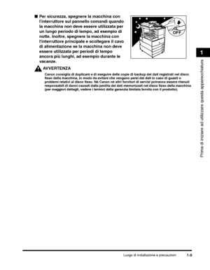 Page 293Luogo di installazione e precauzioni1-9
Prima di iniziare ad utilizzare questa apparecchiatura
1
AVVERTENZA
OFF
 