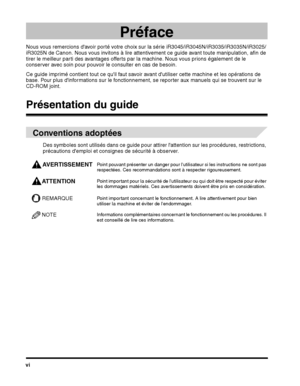 Page 94vi
Préface
Ce guide imprimé contient tout ce quil faut savoir avant dutiliser cette machine et les opérations de 
base. Pour plus dinformations sur le fonctionneme nt, se reporter aux manuels qui se trouvent sur le 
CD-ROM joint.
Présentation du guide
Des symboles sont utilisés dans ce guide pour at tirer lattention sur les procédures, restrictions, 
précautions demploi et consignes de sécurité à observer.
AVERTISSEMENTPoint pouvant présenter un danger pour lutilisa teur si les instructions ne sont pas...