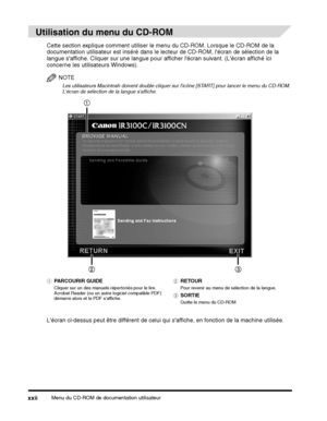 Page 110Menu du CD-ROM de documentation utilisateurxxii
Cette section explique comment utiliser le menu du CD-ROM. Lorsque le CD-ROM de la 
documentation utilisateur est inséré dans le  lecteur de CD-ROM, lécran de sélection de la 
langue saffiche. Cliquer sur une langue pour af ficher lécran suivant. (Lécran affiché ici 
concerne les utilisateurs Windows).
NOTE
Les utilisateurs Macintosh doivent double-cliquer sur licône [START] pour lancer le menu du CD-ROM. 
Lécran de sélection de la langue saffiche. 
 