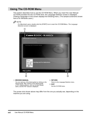 Page 24User Manual CD-ROM Menuxxii
This section describes how to use the CD-ROM Menu. When you insert the User Manual 
CD-ROM provided into the CD-ROM drive, the Language Selection screen is displayed. 
Clicking a language on this screen displays the following menu. (The sample screenshot shown 
here is for Windows users.)
NOTE
For Macintosh users, double-click the [START] icon to start the CD-ROM Menu. The Language 
Selection screen is displayed. 
 