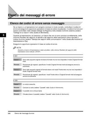 Page 332Elenco dei messaggi di errore3-6
Individuazione e soluzione dei problemi
3
Elenco dei messaggi di errore
Eseguire le opportune operazioni in base al codice di errore.
NOTA
Quando un lavoro di trasmissione è stato annullato, nella colonna Risultato del rapporto delle 
trasmissioni viene indicato .
# 001
Causa 1 Sono stati acquisiti originali di diverso formato ma non era impostato il modo Originali formati 
misti.
Rimedio Posizionare gli originali,  specificare il modo Originali formati misti ed eseguire...