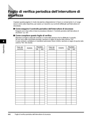 Page 346Foglio di verifica periodica dellinterruttore di sicurezza4-6
Appendice
4
Foglio di verifica periodica dellinterruttore di 
sicurezza
Data del 
controllo Data del 
controllo
Addetto
Addetto
Risultato Risultato
OK NG OK NG
 