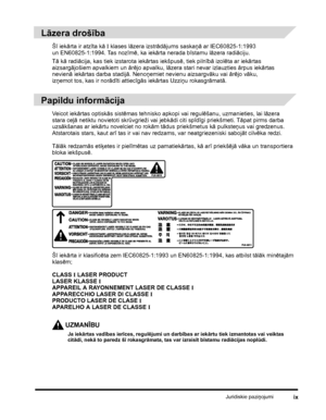 Page 11Juridiskie paziņojumiix
Lāzera drošība
Šī iekārta ir atzīta kā I klases lāzera izstrādājums saskaņā ar IEC60825-1:1993 
un EN60825-1:1994. Tas nozīmē, ka iekārta nerada bīstamu lāzera radiāciju.
Tā kā radiācija, kas tiek izstarota iekārtas iekšpusē, tiek pilnībā izolēta ar iekārtas 
aizsargājošiem apvalkiem un ārējo apvalku, lāzera stari nevar izlauzties ārpus iekārtas 
nevienāiekārtas darba stadijā. Nenoņemiet nevienu aizsargvāku vai ārējo vāku, 
izņemot tos, kas ir norādīti attiecīgās iekārtas Uzziņu...