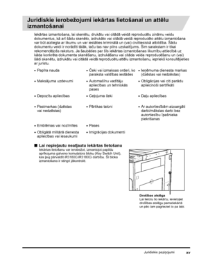 Page 17Juridiskie paziņojumixv
Juridiskie ierobežojumi iekārtas lietošanai un attēlu 
izmantošanai
Iekārtas izmantošana, lai skenētu, drukātu vai citādā veidā reproducētu zināmu veidu 
dokumentus, kā arī šādu skenēto, izdrukāto vai citādā veidā reproducēto attēlu izmantošana 
var būt aizliegta ar likumu un var iestāties kriminālā un (vai) civiltiesiskā atbildība. Šādu 
dokumentu veidi ir norādīti tālāk, taču tas nav pilns uzskaitījums. Šim sarakstam ir tikai 
rekomendējošs raksturs. Ja šaubāties par šīs...