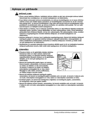 Page 23Svarīgi drošības tehnikas noteikumixxi
 
Apkope un pārbaude
BRĪDINĀJUMS
•Pirms veicat iekārtas tīrīšanu, izslēdziet strāvas slēdzi un pēc tam atvienojiet strāvas kabeli. 
Neievērojot šos norādījumus, var izraisīt aizdegšanos vai elektrošoku.
•Ik pa laikam atvienojiet strāvas kontaktdakšu no strāvas kontaktligzdas un ar sausu drāniņu 
notīriet virsmu pie metāla tapiņu pamatnes un kontaktligzdas caurumiem tā, lai šīs virsmas 
būtu pilnīgi tīras. Ja strāvas kontaktdakša ir ilgu laiku pievienota strāvas...