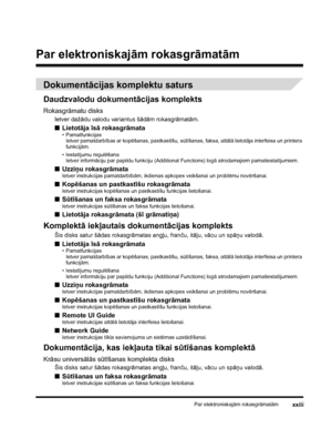 Page 25Par elektroniskajām rokasgrāmatāmxxiii
Par elektroniskajām rokasgrāmatām
Dokumentācijas komplektu saturs
Daudzvalodu dokumentācijas komplekts
Rokasgrāmatu disks
Ietver dažādu valodu variantus šādām rokasgrāmatām.
■Lietotāja īsā rokasgrāmata• Pamatfunkcijas
Ietver pamatdarbības ar kopēšanas, pastkastīšu, sūtīšanas, faksa, attālā lietotāja interfeisa un printera 
funkcijām.
•Iestatījumu regulēšana
Ietver informāciju par papildu funkciju (Additional Functions) logā atrodamajiem pamatiestatījumiem.
■Uzziņu...