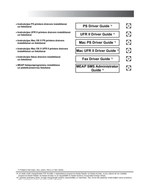 Page 5•Instrukcijas PS printera draivera instalēšanai 
un lietošanaiPS Driver Guide *2
•Instrukcijas UFR II printera draivera instalēšanai 
un lietošanaiUFR II Driver Guide *2
•Instrukcijas Mac OS X PS printera draivera 
instalēšanai un lietošanaiMac PS Driver Guide *2
•Instrukcijas Mac OS X UFR II printera draivera 
instalēšanai un lietošanaiMac UFR II Driver Guide *2
•Instrukcijas faksa draivera instalēšanai 
un lietošanaiFax Driver Guide *2
•MEAP lietojumprogrammu instalēšana 
un pieteikumservisa...