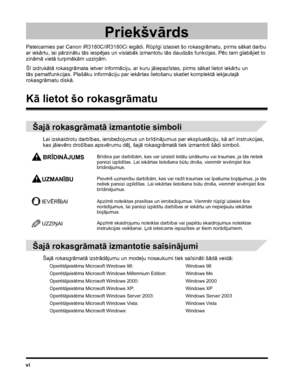 Page 8vi
Priekšvārds
Pateicamies par Canon iR3180C/iR3180Ci iegādi. Rūpīgi izlasiet šo rokasgrāmatu, pirms sākat darbu 
ar iekārtu, lai pārzinātu tās iespējas un vislabāk izmantotu tās daudzās funkcijas. Pēc tam glabājiet to 
zināmā vietā turpmākām uzziņām. 
Šī izdrukātā rokasgrāmata ietver informāciju, ar kuru jāiepazīstas, pirms sākat lietot iekārtu un 
tās pamatfunkcijas. Plašāku informāciju par iekārtas lietošanu skatiet komplektā iekļautajā 
rokasgrāmatu diskā.
Kā lietot šo rokasgrāmatu
Šajā rokasgrāmatā...