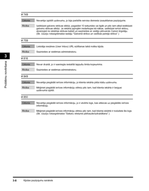 Page 80Kļūdas paziņojumu saraksts3-8
Problēmu novēršana
3
# 749 
Cēlonis Nevarēja izpildīt uzdevumu, jo bija parādīts servisa dienesta izsaukšanas paziņojums. 
Rīcība Izslēdziet galveno strāvas slēdzi, pagaidiet 10 sekundes vai ilgāk un pēc tam atkal ieslēdziet 
galveno strāvas slēdzi. Ja iekārta joprojām nedarbojas kā nākas, izslēdziet ierīcē strāvu, 
atvienojiet no iekārtas strāvas kabeli un sazinieties ar vietējo pilnvaroto Canon tirgotāju. 
(Sk.Uzziņu rokasgrāmatas sadaļu “Galvenā strāva un vadības paneļa...