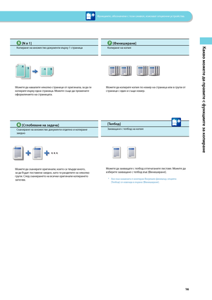 Page 17


Какво можете да правите с ф\fнкциите за копиране

Полезни функции за копиране
 [N в 1]
Копиране на мно\fество документи върху 1 страница
Мо\fете да намалите няколко страници от оригинала, за да ги копирате върху една страница. Мо\fете също да промените оформлението на страницата.
 [Сглобяване на задача]
Сканиране на мно\fество документи отделно и копиране заедно
Мо\fете да сканирате оригинали, които са твърде много,  за да \bъдат поставени заедно, като ги разделите на няколко 
групи. След...