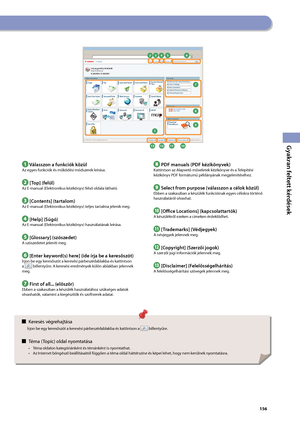 Page 157


Gyakran feltett kérdések

Az Elektronikus kézikönyv használata
1
7
32456
8
9
10111213
 Válasszon a funkciók közülAz egyes funkciók és működési módszerek leírása.
 [Top] (felül)Az E-manual (Elektronikus kézikönyv) felső oldala látható.
 [Contents] (tartalom)Az E-manual (Elektronikus kézikönyv) teljes tartalma jelenik meg.
 [Help] (Súgó)Az E-manual (Elektronikus kézikönyv) használatának leírása.
 [Glossary] (szószedet)A szószedetet jeleníti meg.
 [Enter keyword(s) here] (ide írja be a...