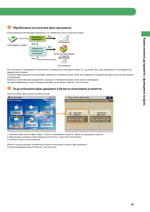 Page 29


Какво можете да правите с ф\fнкциите за факс

Полезни функции за факс (последна страница)
Обработване на пол\fчени факс док\fменти
Когато машината получава факс документи, те се о\bра\bотват, както е показано по-долу:
  
  \f

\f\b  \f  

.
.
.
.\f  
Ако “Настройки за препращане”\з и “Използване на поверително получаване на факс” са с настройка “Вкл.”, факс документите се препращат към зададената дестинация.Получените факс документи могат да \bъдат запаметени в Поверителна факс кутия чрез...