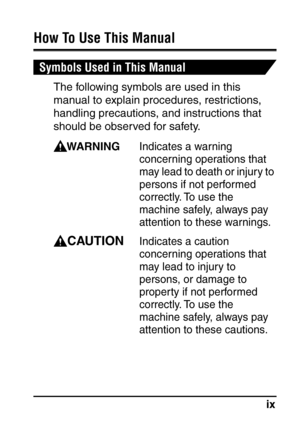 Page 11ix
How To Use This Manual
Symbols Used in This Manual
The following symbols are used in this 
manual to explain procedures, restrictions, 
handling precautions, and instructions that 
should be observed for safety.
WARNINGIndicates a warning 
concerning operations that 
may lead to death or injury to 
persons if not performed 
correctly. To use the 
machine safely, always pay 
attention to these warnings.
CAUTIONIndicates a caution 
concerning operations that 
may lead to injury to 
persons, or damage to...