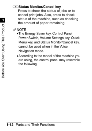 Page 28Before You Start Using This Product
1
1
Parts and Their Functions
1-12 Status Monitor/Cancel key 
Press to check the status of jobs or to 
cancel print jobs. Also, press to check 
status of the machine, such as checking 
the amount of paper remaining.
NOTE
•The Energy Saver key, Control Panel 
Power Switch, Volume Settings key, Quick 
Menu key, and Status Monitor/Cancel key, 
cannot be used when in the Voice 
Navigation mode.
•According to the model of the machine you 
are using, the control panel may...