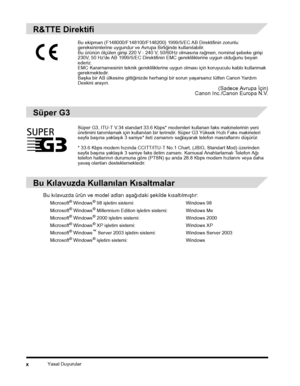 Page 12Yasal Duyurularx
R&TTE Direktifi
Süper G3
Bu Kýlavuzda Kullanýlan Kýsaltmalar
Bu kýlavuzda ürün ve model adlarý aþaðýdaki þekilde kýsaltýlmýþtýr:
Microsoft® Windows® 98 iþletim sistemi: Windows 98
Microsoft® Windows® Millennium Edition iþletim sistemi: Windows Me
Microsoft® Windows® 2000 iþletim sistemi: Windows 2000
Microsoft® Windows® XP iþletim sistemi: Windows XP
Microsoft® Windows™ Server 2003 iþletim sistemi: Windows Server 2003
Microsoft® Windows® iþletim sistemi: Windows
Bu ekipman...