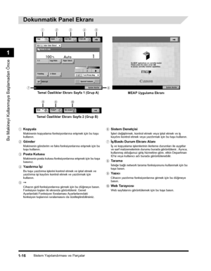 Page 44Sistem Yapýlandýrmasý ve Parçalar1-16
Bu Makineyi Kullanmaya Baþlamadan Önce
1
Dokunmatik Panel Ekraný
aKopyala
Makinenin kopyalama fonksiyonlarýna eriþmek için bu tuþu kullanýn.
bGönder
Makinenin gönderim ve faks fonksiyonlarýna eriþmek için bu tuþu kullanýn.
cPosta Kutusu
Makinenin posta kutusu fonksiyonlarýna eriþmek için bu tuþa basýnýz.
dYazdýrma Ýþi
Bu tuþu yazdýrma iþlerini kontrol etmek ve iptal etmek ve yazdýrma iþi kaydýný kontrol etmek ve yazdýrmak için kullanýn.
e➞
Cihazýn gizli...