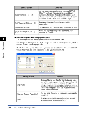 Page 2454-28
Printing a Document
Using the Various Printing Functions
4■[Custom Paper Size Settings] Dialog Box
The following dialog box is displayed by clicking [Custom Paper Size].
This dialog box allows you to specify the height and width of custom paper size, which is 
different from the standard paper sizes.
On Windows 98/Me, up to 30 custom paper sizes can be added. On Windows 2000/XP/
Server 2003/Vista, the number depends on the system environment. [Watermark] (See p. 4-52)You can superimpose watermarks...