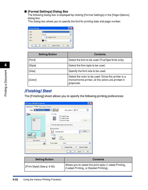 Page 2494-32
Printing a Document
Using the Various Printing Functions
4
■[Format Settings] Dialog Box
The following dialog box is displayed by clicking [Format Settings] in the [Page Options] 
dialog box.
This dialog box allows you to specify the font for printing date and page number.
[Finishing] Sheet
The [Finishing] sheet allows you to specify the following printing preferences:
Setting/ButtonContents
[Font] Select the font to be used (TrueType fonts only).
[Style] Select the font style to be used.
[Size]...