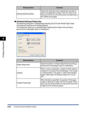 Page 2514-34
Printing a Document
Using the Various Printing Functions
4
■[Detailed Settings] Dialog Box
The following dialog box is displayed by selecting the [Print with Mixed Paper Sizes/
Orientations] check box and clicking [Details].
This dialog box allows you to specify [Paper Alignment] on output when printing a 
document of mixed paper sizes or orientations.[Specify Booklet Gutter]Select this check box when specifying the gutter for 
performing [Booklet Printing]. Enter the value of the 
distance (0 to 30...