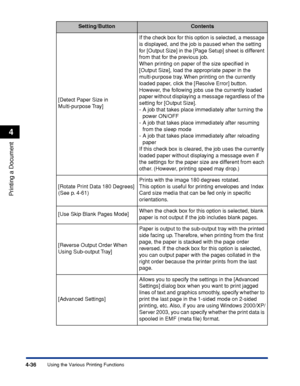 Page 2534-36
Printing a Document
Using the Various Printing Functions
4
[Detect Paper Size in 
Multi-purpose Tray]If the check box for this option is selected, a message 
is displayed, and the job is paused when the setting 
for [Output Size] in the [Page Setup] sheet is different 
from that for the previous job.
When printing on paper of the size speciﬁed in 
[Output Size], load the appropriate paper in the 
multi-purpose tray. When printing on the currently 
loaded paper, click the [Resolve Error] button....