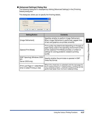 Page 2544-37
Printing a Document
4
Using the Various Printing Functions
■[Advanced Settings] Dialog Box
The following dialog box is displayed by clicking [Advanced Settings] in the [Finishing 
Details] dialog box.
This dialog box allows you to specify the ﬁnishing details.
Setting/ButtonContents
[Image Reﬁnement]Speciﬁes whether to perform Image Reﬁnement.
When Image Reﬁnement is performed, jagged lines 
of text and graphics are printed smoothly.
[Special Print Mode]Print quality may deteriorate depending on the...