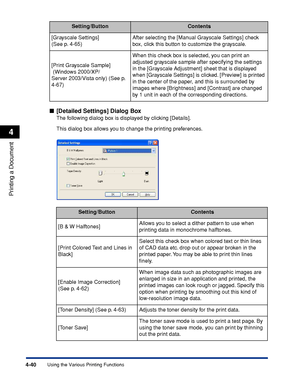 Page 2574-40
Printing a Document
Using the Various Printing Functions
4
■[Detailed Settings] Dialog Box
The following dialog box is displayed by clicking [Details].
This dialog box allows you to change the printing preferences. [Grayscale Settings] 
(See p. 4-65)After selecting the [Manual Grayscale Settings] check 
box, click this button to customize the grayscale.
[Print Grayscale Sample]
 (Windows 2000/XP/
Server 2003/Vista only) (See p. 
4-67)When this check box is selected, you can print an 
adjusted...