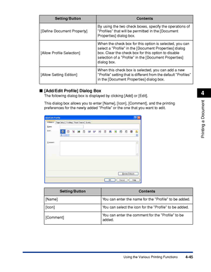 Page 2624-45
Printing a Document
4
Using the Various Printing Functions
■[Add/Edit Proﬁle] Dialog Box
The following dialog box is displayed by clicking [Add] or [Edit].
This dialog box allows you to enter [Name], [Icon], [Comment], and the printing 
preferences for the newly added Proﬁle or the one that you want to edit. [Deﬁne Document Property]By using the two check boxes, specify the operations of 
Proﬁles that will be permitted in the [Document 
Properties] dialog box.
[Allow Proﬁle Selection]When the check...