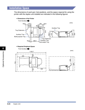 Page 3716-24
Optional Accessories
6
Duplex Unit
Installation Space
The dimensions of each part, foot positions, and the space required for using the 
printer with the duplex unit installed are indicated in the following ﬁgures:
544
200
121.6 172.2
93.8184
88.640.6
518
438.7 32.6
277 272 286.6
344
325100100
1193.7
430
718
Tray Extension
Auxiliary Tray
Multi-purpose Tray
Sub-output TrayAuxiliary TrayTray Extension
Auxiliary Tray
(mm)
(mm)
• Dimensions of the Printer
Front Surface
Front Surface
• Required...