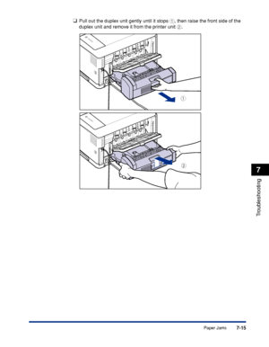 Page 4107-15
Troubleshooting
7
Paper Jams
❑Pull out the duplex unit gently until it stops a, then raise the front side of the 
duplex unit and remove it from the printer unit b.
b
a
 