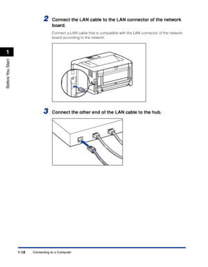 Page 431-18
Before You  Start
1
Connecting to a Computer
2Connect the LAN cable to the LAN connector of the network 
board.
Connect a LAN cable that is compatible with the LAN connector of the network 
board according to the network.
3Connect the other end of the LAN cable to the hub.
 